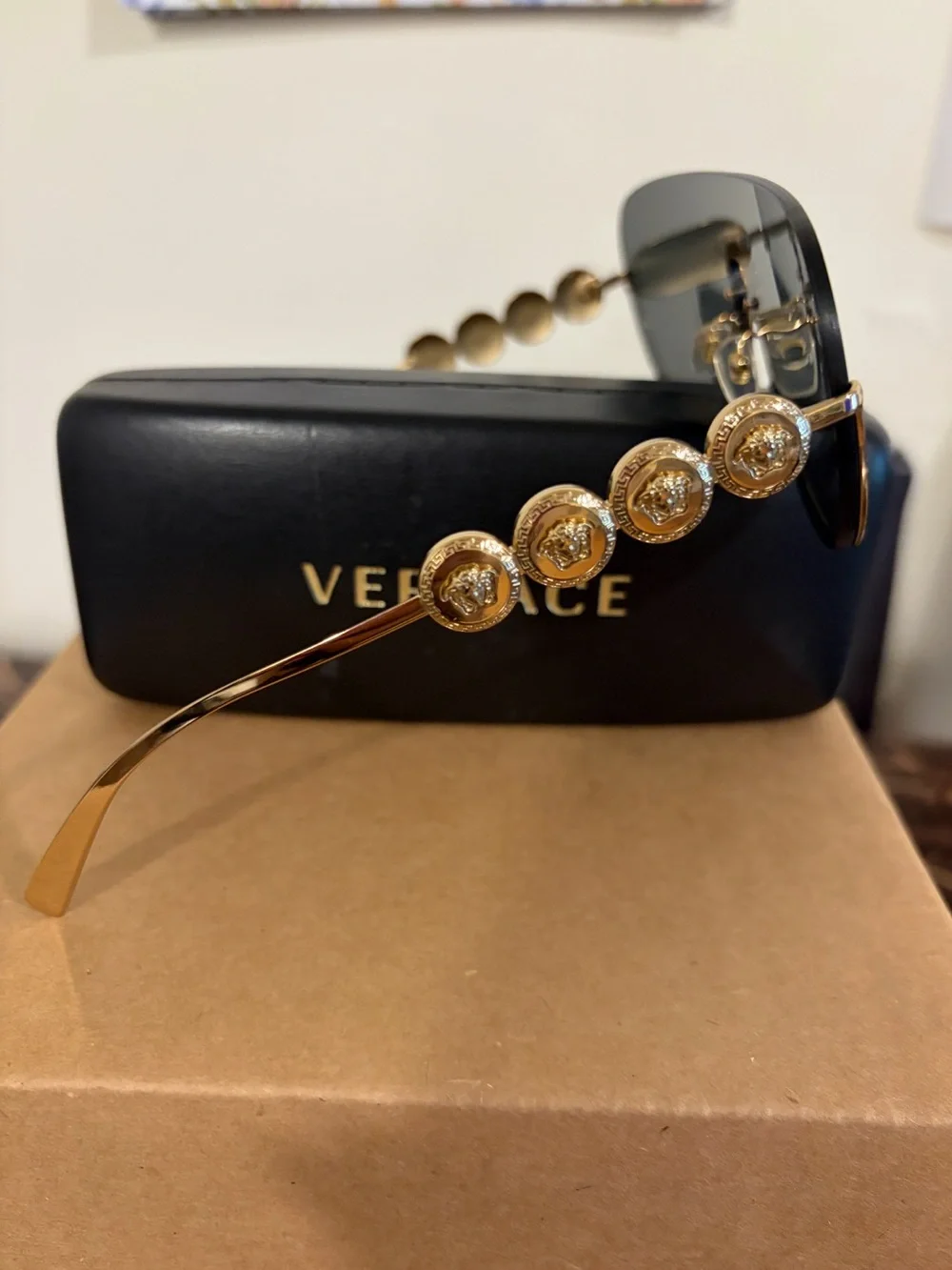 Versace Gold Medusa Coin Temple Sunglasses with Black Lenses